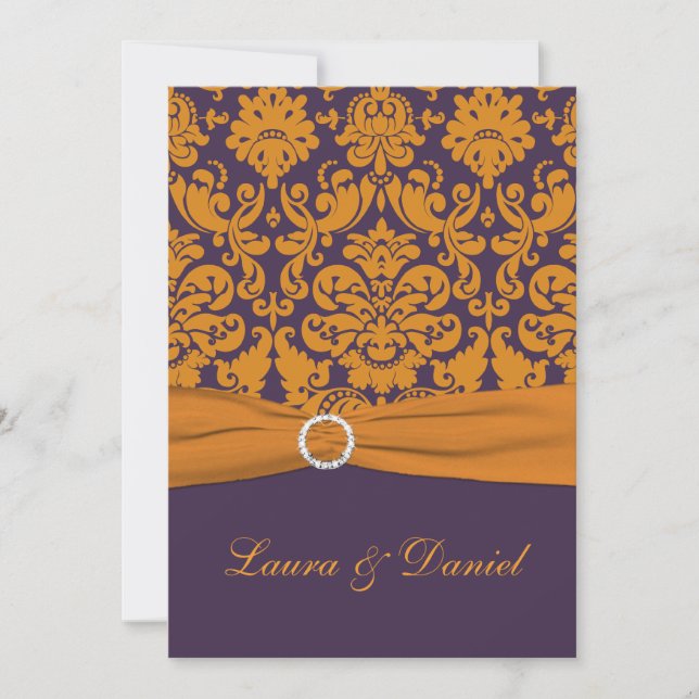 PRINTED RIBBON Purple Orange Damask Wedding Invite (Front)