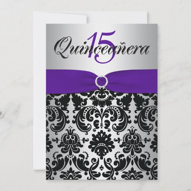 PRINTED RIBBON Purple Silver Black Quinceanera Invitation (Front)