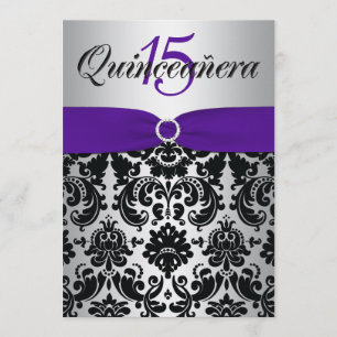 PRINTED RIBBON Purple Silver Black Quinceanera Invitation