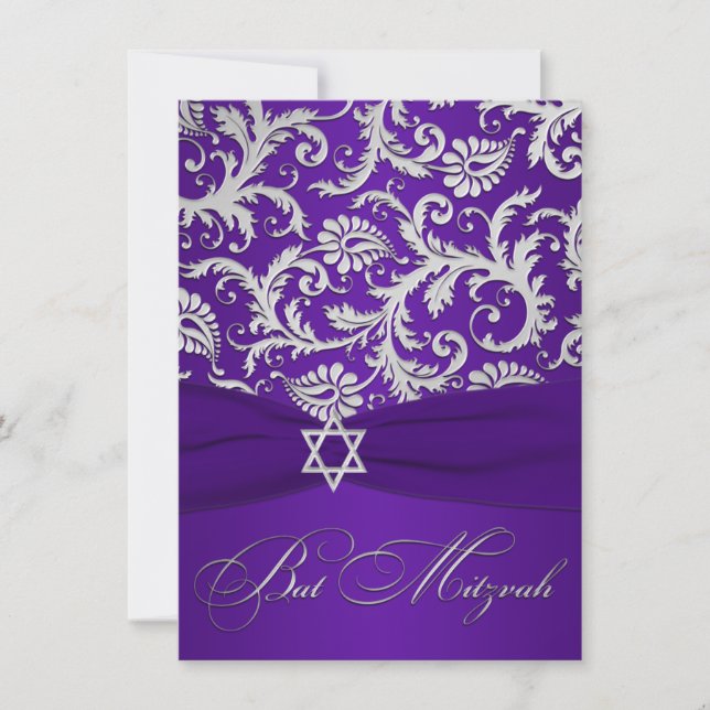 PRINTED RIBBON Purple, Silver Damask Bat Mitzvah Invitation (Front)