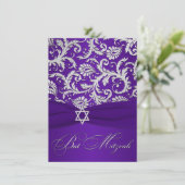 PRINTED RIBBON Purple, Silver Damask Bat Mitzvah Invitation (Standing Front)