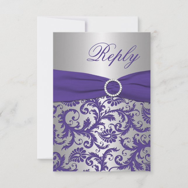 PRINTED RIBBON Purple, Silver Damask reply Card (Front)