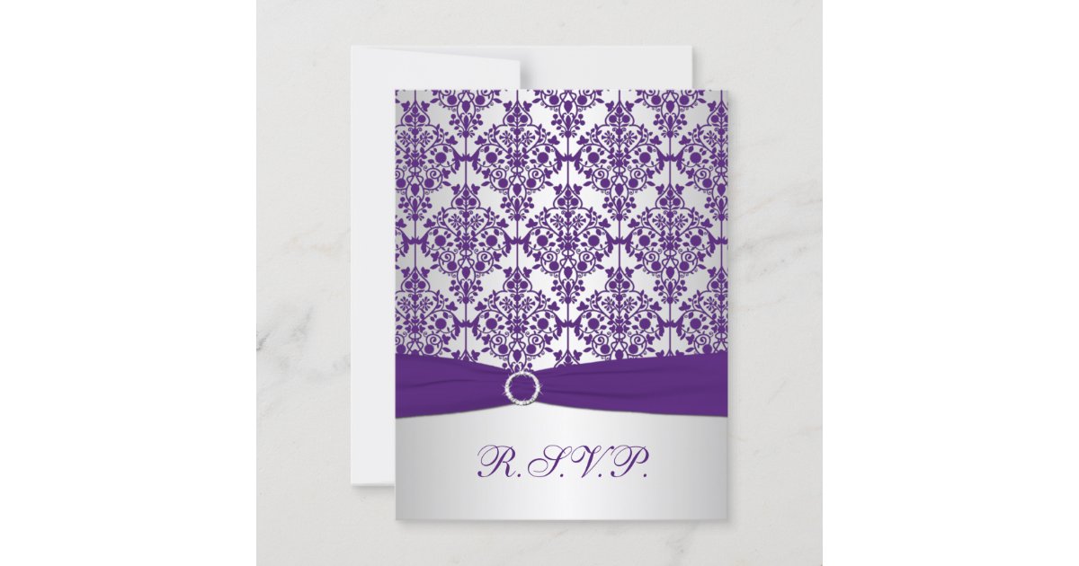 PRINTED RIBBON Purple, Silver Damask Reply Card | Zazzle