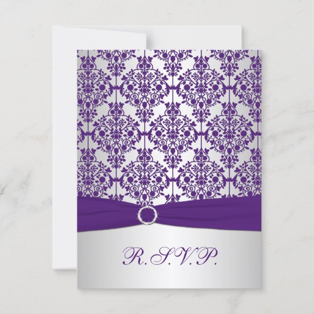 PRINTED RIBBON Purple, Silver Damask Reply Card (Front)