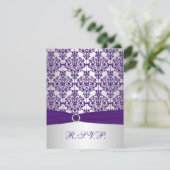 PRINTED RIBBON Purple, Silver Damask Reply Card (Standing Front)