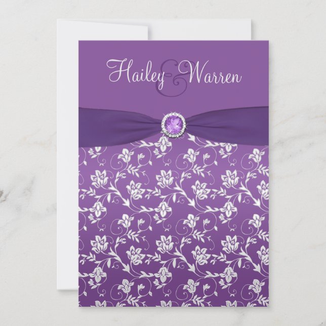 PRINTED RIBBON Purple Silver Floral Invite (Front)