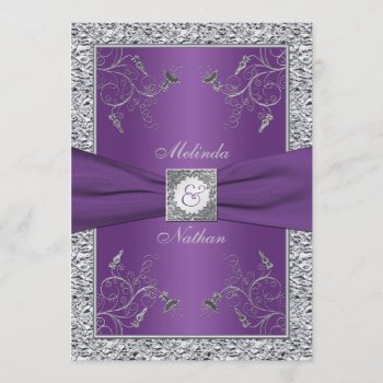 Printed Ribbon Purple Silver Wedding Invitation by NiteOwlStudio at Zazzle