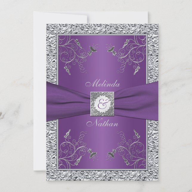 PRINTED RIBBON Purple Silver Wedding Invitation (Front)