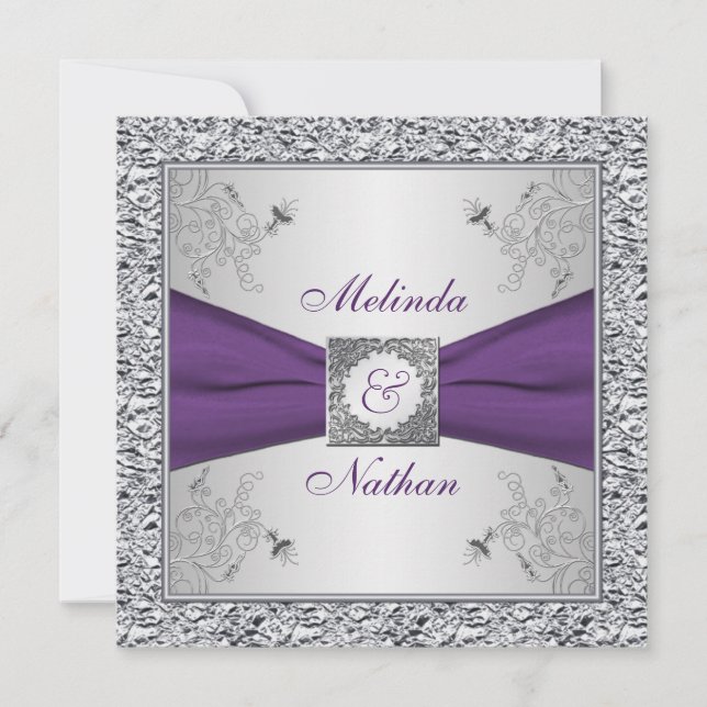 PRINTED RIBBON Purple Silver Wedding Invitation II (Front)