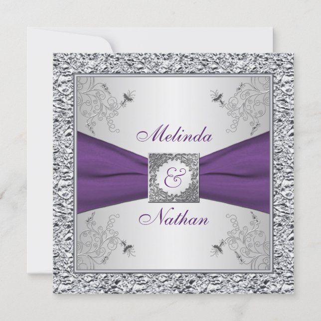 PRINTED RIBBON Purple Silver Wedding Invitation II (Front)