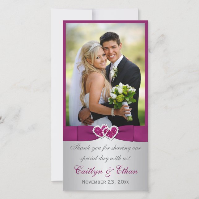 PRINTED RIBBON Purple, Silver Wedding Photo Card (Front)