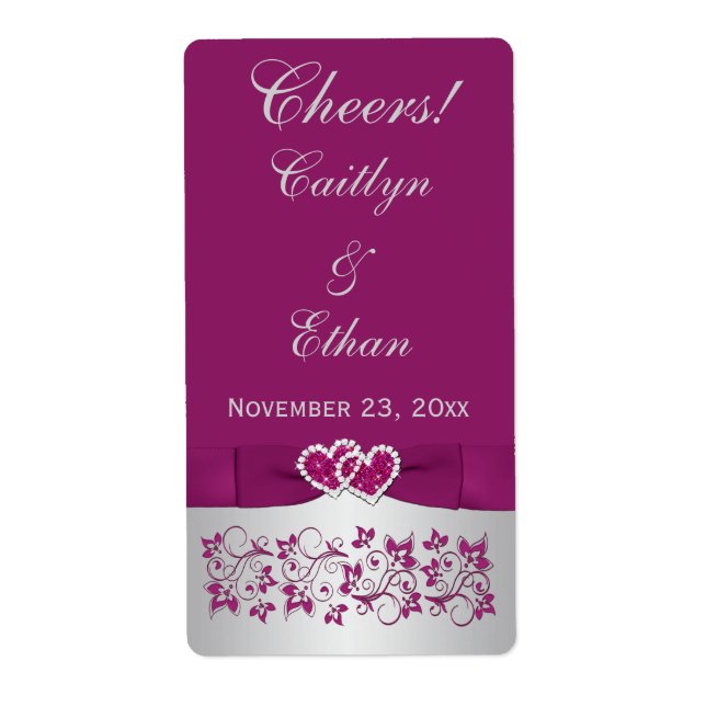 PRINTED RIBBON Purple, Silver Wedding Wine Label (Front)