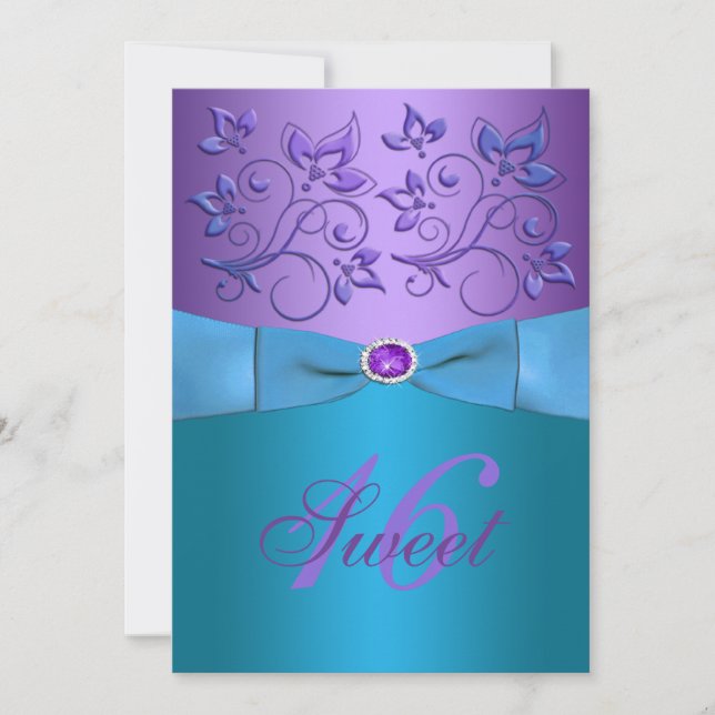 PRINTED RIBBON Purple, Turquoise Floral Sweet 16 Invitation (Front)