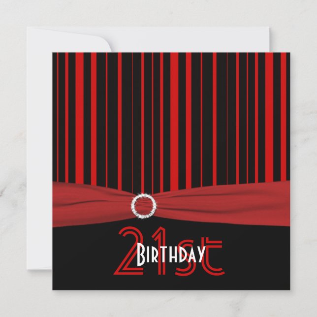 PRINTED RIBBON Red and Black Stripe 21st Birthday Invitation (Front)
