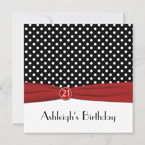 PRINTED RIBBON Red Black Polka Dots 21st Birthday Invitation