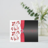 PRINTED RIBBON Red, Black, White Floral RSVP Card (Standing Front)