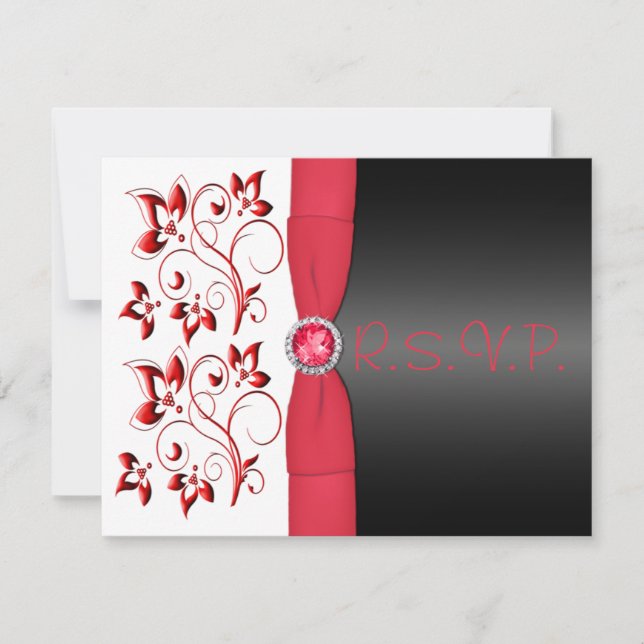 PRINTED RIBBON Red, Black, White Floral RSVP Card (Front)