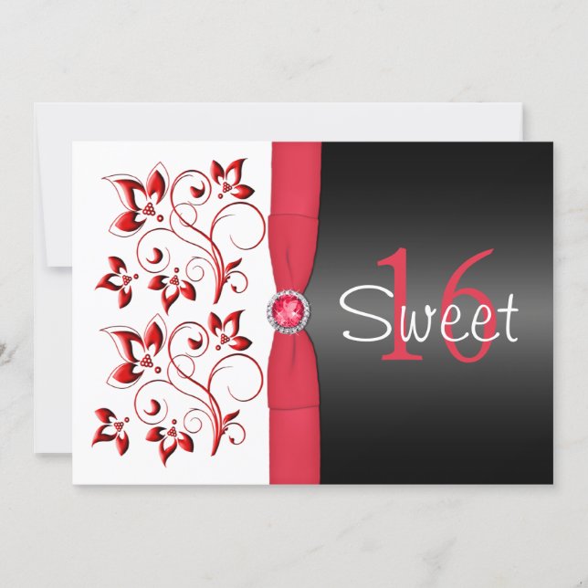 PRINTED RIBBON Red, Black, White Sweet 16 Invite (Front)