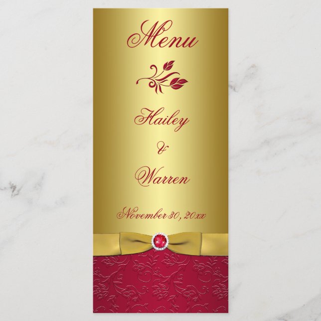 PRINTED RIBBON Red, Gold Floral Menu Card (Front)