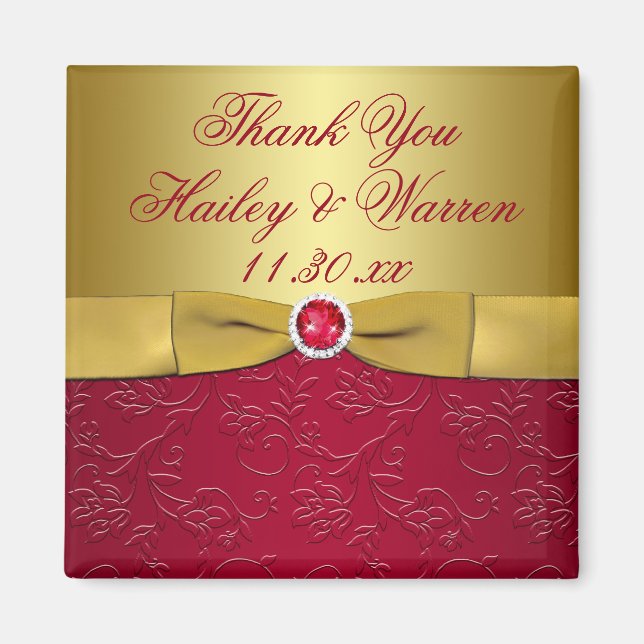 PRINTED RIBBON Red, Gold Floral Wedding Favor Magnet (Front)