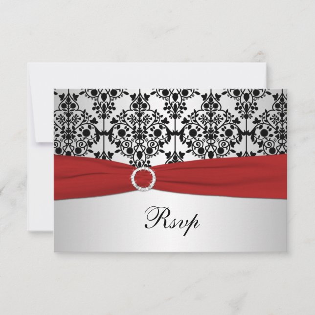PRINTED RIBBON Red, Gray, & Black Damask RSVP Card (Front)