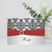 PRINTED RIBBON Red, Gray, & Black Damask RSVP Card (Standing Front)
