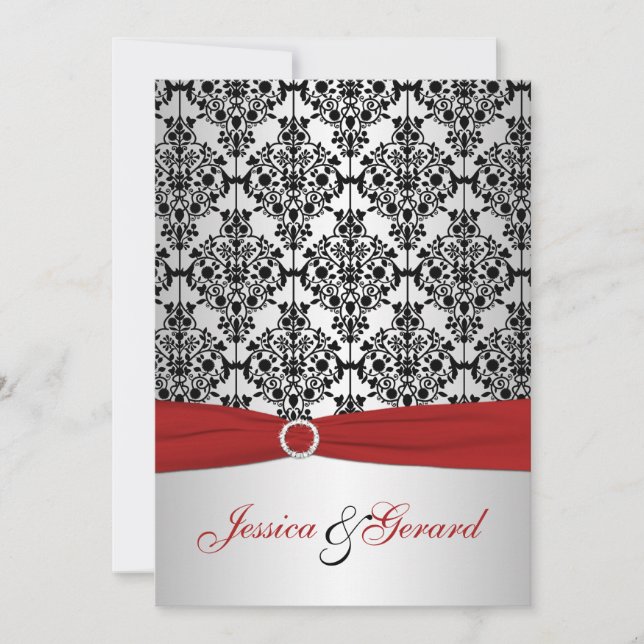 PRINTED RIBBON Red, Gray, & Black Damask Wedding Invitation (Front)