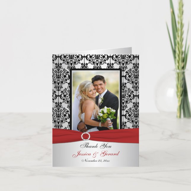 PRINTED RIBBON Red Gray Black Photo Thank You Card (Front)