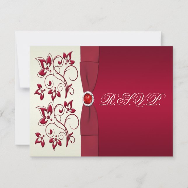 PRINTED RIBBON Red, Ivory Floral Reply Card (Front)