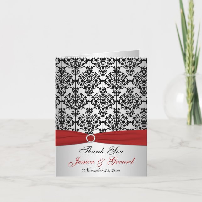PRINTED RIBBON Red Silver Black Thank You Card (Front)