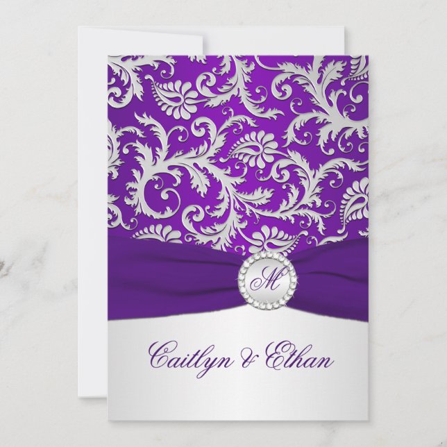 PRINTED RIBBON Royal Purple and Silver Damask Invitation (Front)