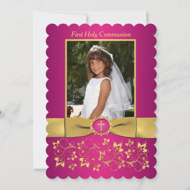 PRINTED RIBBON Scallop Edged Holy Communion Photo Invitation (Front)