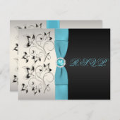 PRINTED RIBBON Silver Aqua Black Floral Reply Card (Front/Back)