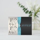 PRINTED RIBBON Silver Aqua Black Floral Reply Card (Standing Front)