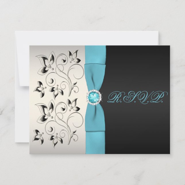 PRINTED RIBBON Silver Aqua Black Floral Reply Card (Front)