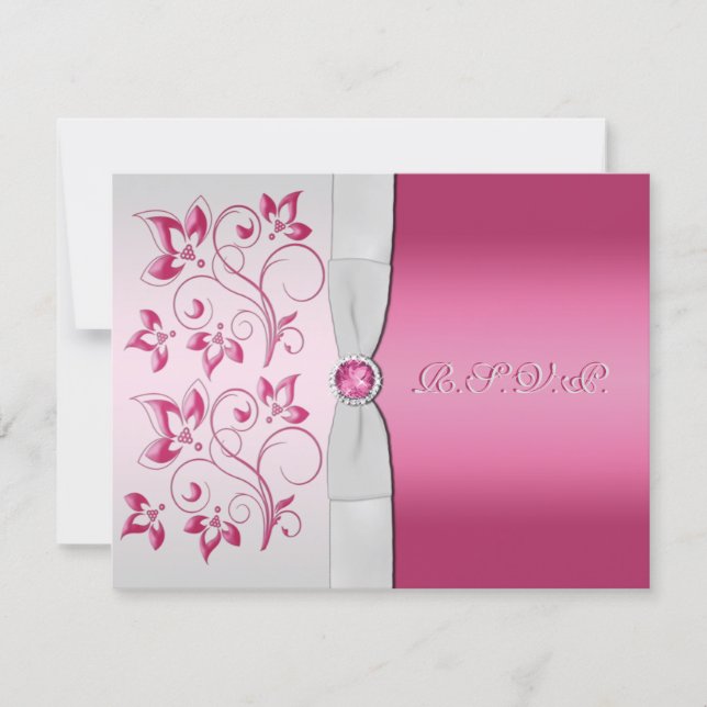 PRINTED RIBBON Silver, Pink Floral RSVP Card (Front)