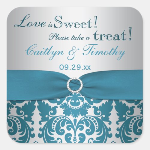 PRINTED RIBBON Silver Teal Damask Candy Buffet Square Sticker