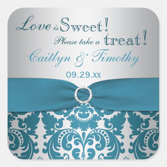 PRINTED RIBBON Silver, Teal Damask Candy Buffet Square Sticker (Front)
