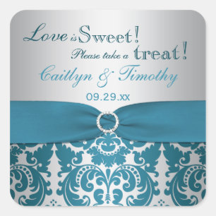 PRINTED RIBBON Silver, Teal Damask Candy Buffet Square Sticker