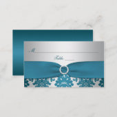 PRINTED RIBBON Silver, Teal Damask Place Card (Front/Back)