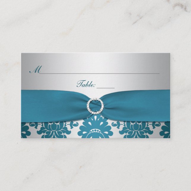 PRINTED RIBBON Silver, Teal Damask Place Card (Front)