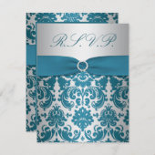 PRINTED RIBBON Silver, Teal Damask Reply Card (Front/Back)