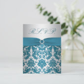 PRINTED RIBBON Silver, Teal Damask Reply Card (Standing Front)