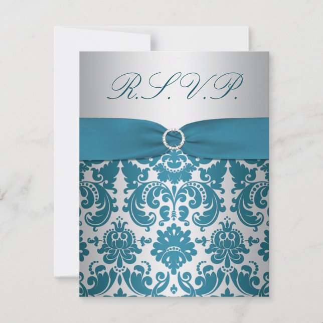 PRINTED RIBBON Silver, Teal Damask Reply Card (Front)