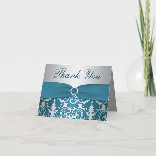 PRINTED RIBBON Silver, Teal Damask Thank You Card (Front)