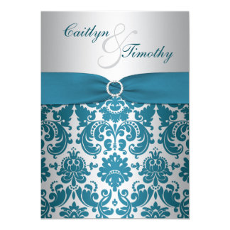 PRINTED RIBBON Silver, Teal Damask Wedding Invite