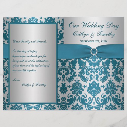 PRINTED RIBBON Silver Teal Damask Wedding Program