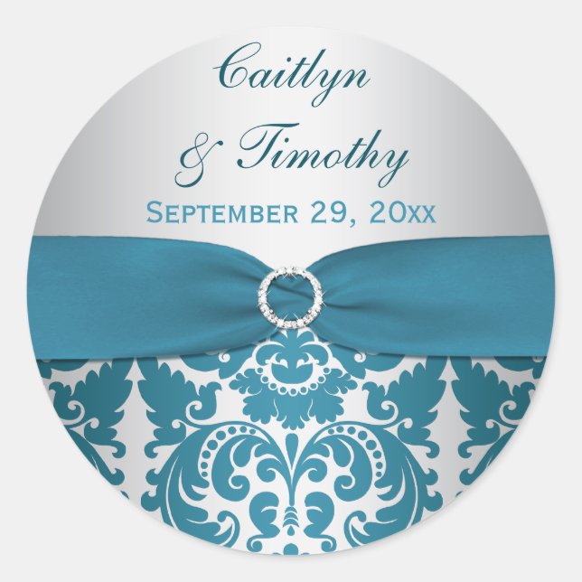 PRINTED RIBBON Silver, Teal Damask Wedding Sticker (Front)