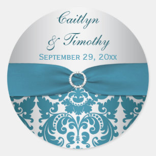 PRINTED RIBBON Silver, Teal Damask Wedding Sticker