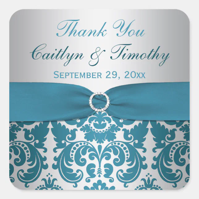 PRINTED RIBBON Silver, Teal Damask Wedding Sticker | Zazzle